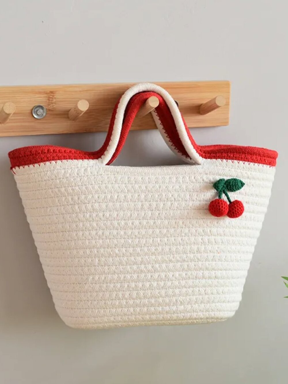 White Cotton Cherry Tote Bag Handwoven Small Cottagecore Beach Coastal Purse NEW